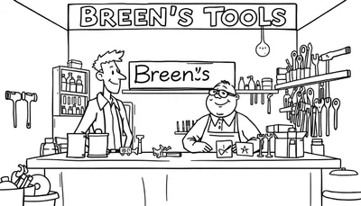 Kleurplaat van Breen's Tools met twee mannen achter de toonbank.