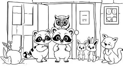 Kleurplaat van schattige cartoon dieren voor een gebouw.