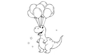 Een schattige dinosaurus kleurplaat met ballonnen en sterren.