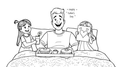 Kleurplaat van een lachende papa in bed op Vaderdag die ontbijt, een tekening en een bloemetje krijgt van zijn kinderen.