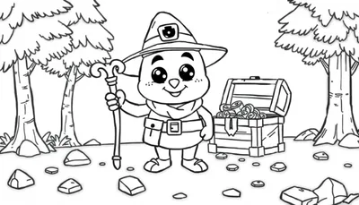 Kleurplaat met een avontuurlijk cartoonfiguurtje in het bos met een hoed, staf, open schatkist en verspreide stenen.