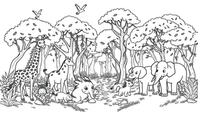 Kleurplaat van een vrolijk bos vol dieren zoals een giraffe, zebra, olifant met jong, en meer, met cartoongezichten.