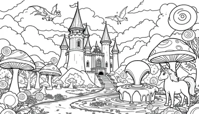 Een sprookjesachtig fantasielandschap kleurplaat met een groot kasteel, een fontein, draken in de lucht, een eenhoorn en magische paddenstoelen.