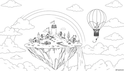 Zwart-witte kleurplaat van een fantasieland met een zwevend eiland, watervallen, een regenboog en een luchtballon.