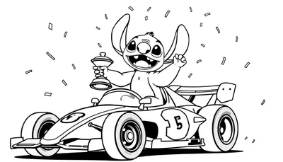 Stitch in raceauto kleurplaat