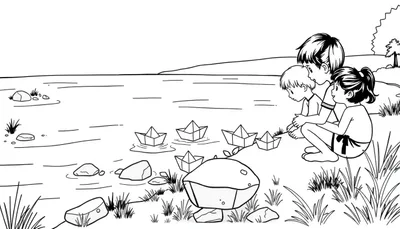 Kleurplaat van kinderen die papieren bootjes op een rivier laten varen.