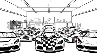 Kleurplaat van een garage vol super snelle raceauto's!