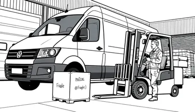 Kleurplaat van een Volkswagen Crafter, Motrac vorkheftruck en een monteur in een magazijn.