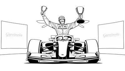Kleurplaat van Max Verstappen met auto en vleugels, klaar om ingekleurd te worden!