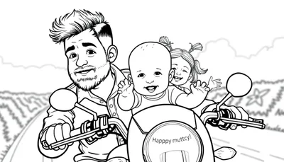 Kleurplaat: Vrolijke familie op motorfiets met 'Happy muttcy!' sticker