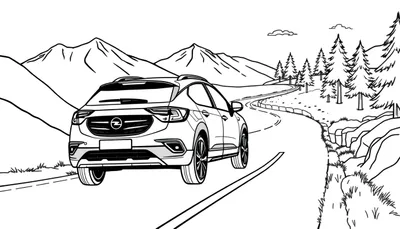 Opel Crossland X kleurplaat: een stoere auto op een avontuurlijke weg.