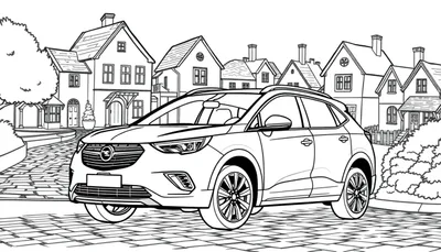 Kleurplaat van een Opel Crossland X voor een rij huizen.