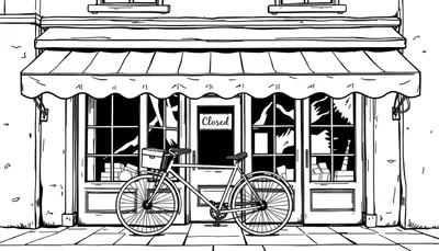 Kleurplaat van een gesloten winkel met een fiets ervoor.