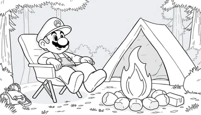 Mario kleurplaat kampeert bij een kampvuur in het bos.