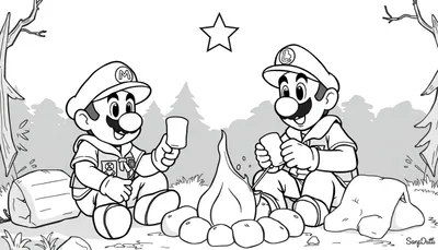 Mario en Luigi kleurplaat op de camping, een ster zweeft in de lucht.