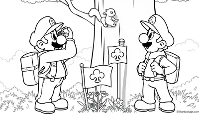 Luigi in het bos kleurplaat, Luigi maakt foto's tijdens het kamperen.