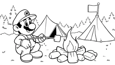 Mario kleurplaat kampeert bij een kampvuur.