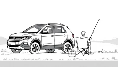 Kleurplaat van een witte Volkswagen T-Cross bij een visvijver.