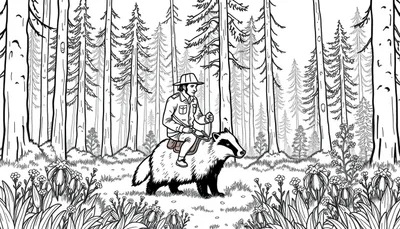 Kleurplaat van boswachter Lysander op een das in het Drents-Friese Wold.