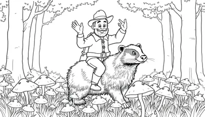 Kleurplaat van boswachter Lysander op een das in het bos met paddestoelen.