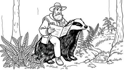 Kleurplaat van boswachter Lysander op een das in het bos.