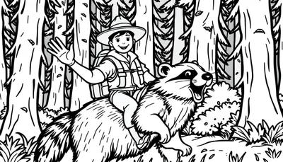 Kleurplaat van een boswachter op een das in het bos.