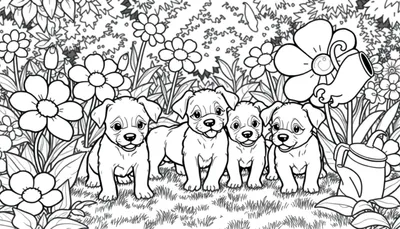 Kleurplaat van vier puppy's in een bloemenveld met een gieter.