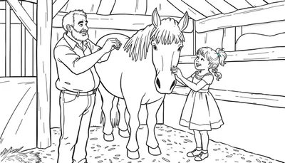 Kleurplaat van opa en kleindochter die een paard verzorgen