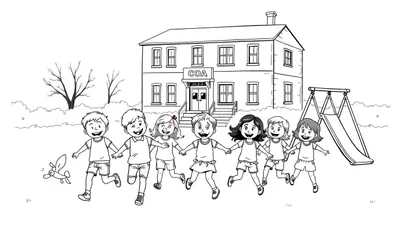 Kleurplaat van spelende kinderen voor een COA gebouw met een speeltuintje.