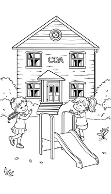 Kleurplaat van spelende kinderen bij een COA locatie met een glijbaan.