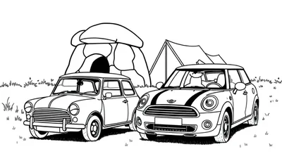 Kleurplaat van een klassieke en nieuwe Mini Cooper bij een hunebed en tent.
