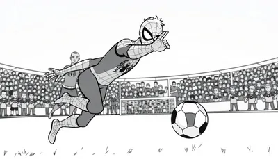 Kleurplaat van Spider-Man die voetbalt in een stadion.