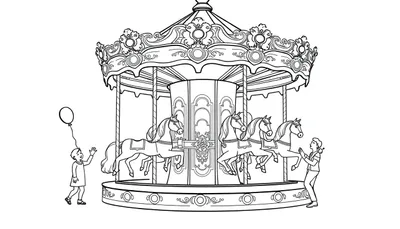 Draaimolen kleurplaat met paarden, kind en ballon.