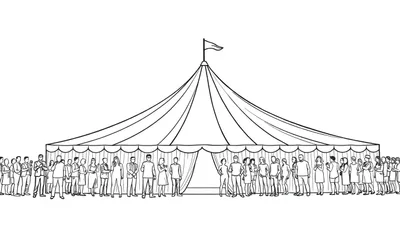 Grote feesttent kleurplaat met veel mensen ervoor.