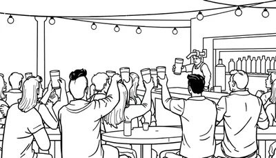 Kleurplaat van een drukke buitenbar waar mensen vrolijk bier bestellen.