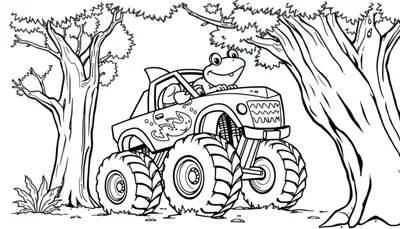 Kikker in een haaien monstertruck kleurplaat bij een boom.