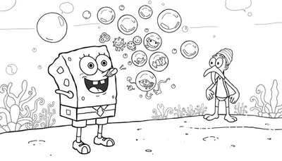 Spongebob blaast bubbels met gezichten, kleurplaat.