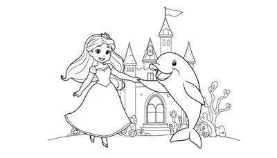 Kleurplaat van een vrolijke dolfijn en een lieve prinses bij een kasteel.