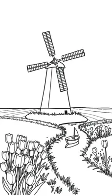 Hollands landschap kleurplaat met windmolen, gracht en tulpen