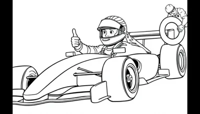 Formule 1 kleurplaat met raceauto, coureur en monteur.