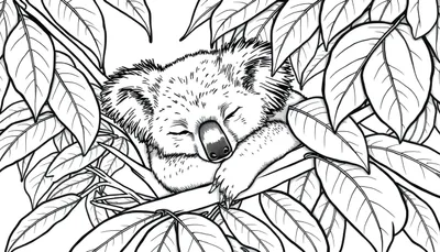 Kleurplaat van een slapende koala in een boom.