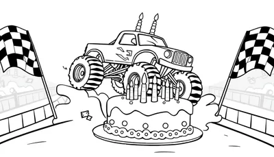 Monstertruck met verjaardagstaart kleurplaat