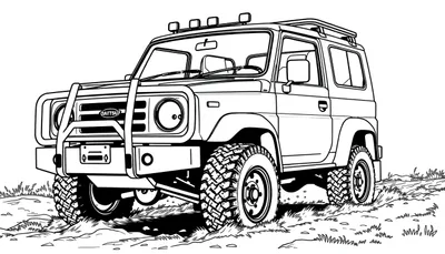 Kleurplaat van een stoere Daihatsu Rocky offroader met bullbar en noppenbanden.