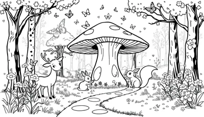 Vrolijke bos kleurplaat met hert, konijn, eekhoorn en paddenstoel.