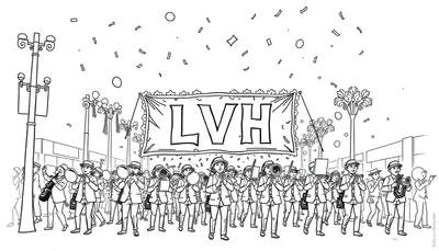 Kleurplaat van een vrolijke fanfare met het LVH vaandel.