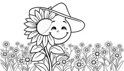 Grote zonnebloem kleurplaat met een lachend gezicht en hoed, omringd door madeliefjes kleurplaat.