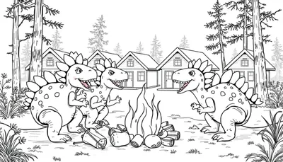 Dino camping kleurplaat met Stegosaurussen bij een kampvuur.