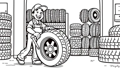Kleurplaat van een bandenmonteur in een garage met autobanden.