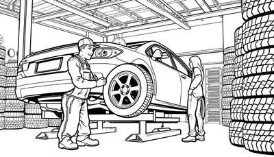 Kleurplaat van een garage met een auto op een lift en mensen die werken aan banden.