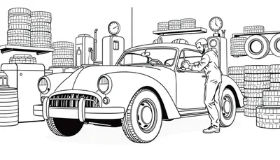 Kleurplaat van een retro garage met banden en een monteur.